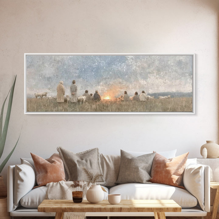Quiet Field Gathering – Framed Canvas Print – Panoramic Painting – Christian Art – Vintage Christmas Art – Christian Wall Art – Subtle Chri