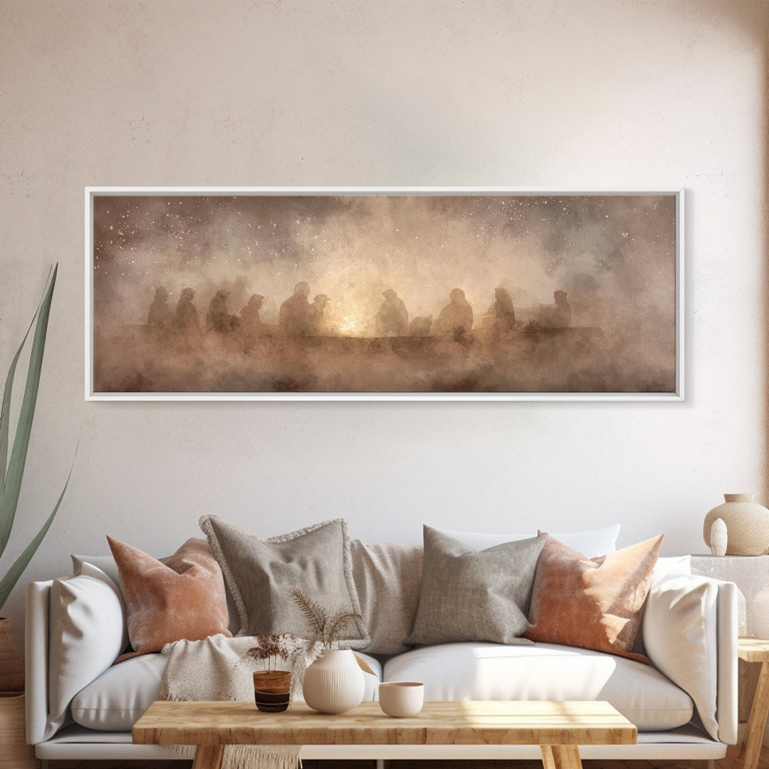 Fireside Reverence, Framed Canvas Print, Panoramic Wall Art, Christian Art Canvas, Moody Christmas Art, Christian Wall Art, Christian Decor