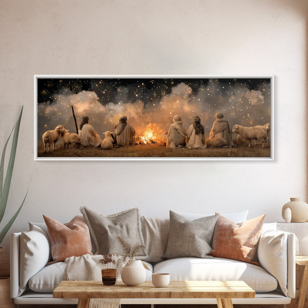 Emberlit Shepherds | Framed Canvas Print | Panoramic Art | Christian Christmas Art | Christian Wall Art | Christmas Art Work | Framed Chris