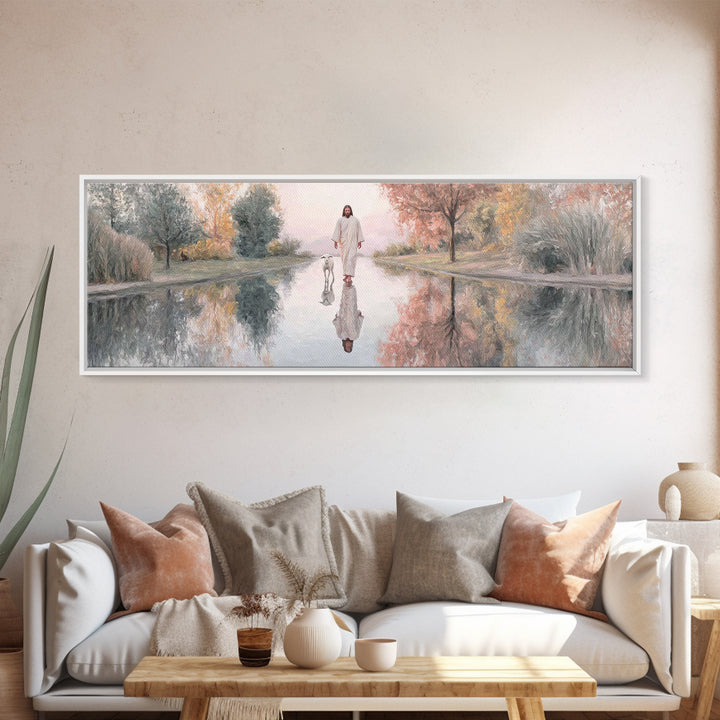 Path Of Still Waters – Framed Canvas Print – Christian Art Canvas – Jesus Painting – Christian Wall Art – Panoramic Art – Christian Decor
