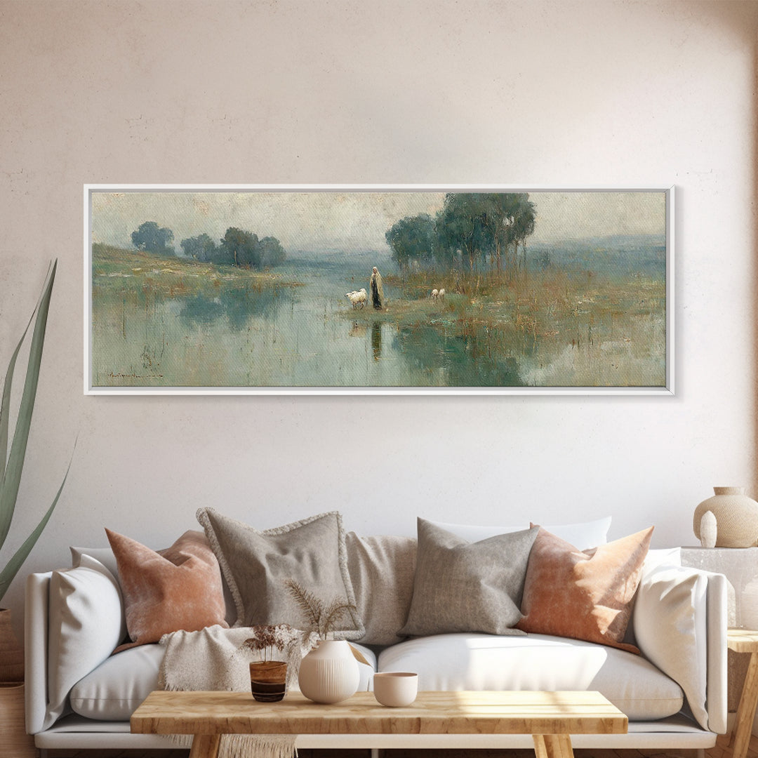 Quiet Shepherd Walk, Framed Canvas Print, Christian Wall Art, Christian Art Canvas, Jesus Painting, Panoramic Painting, Christian Christmas