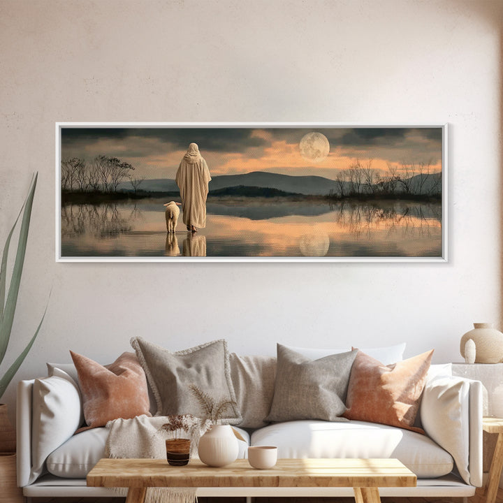 Moonlit Shepherd Path – Framed Canvas Print – Jesus Painting – Christian Wall Art – Christian Art Canvas – Panoramic Print – Christian Chri