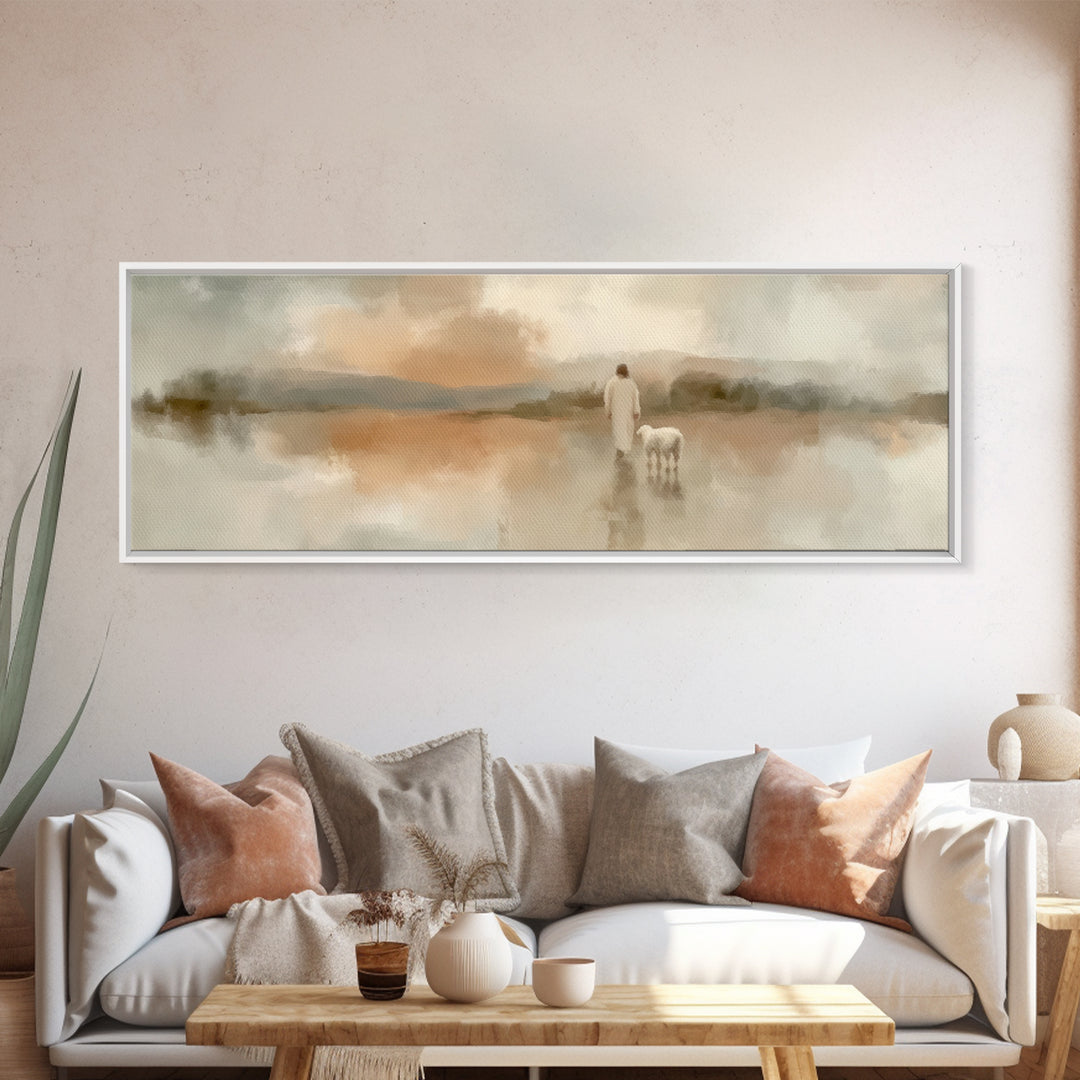 Soft Desert Journey | Framed Canvas Print | Christian Art Canvas | Christian Wall Art | Jesus Painting | Panoramic Painting | Christmas Art