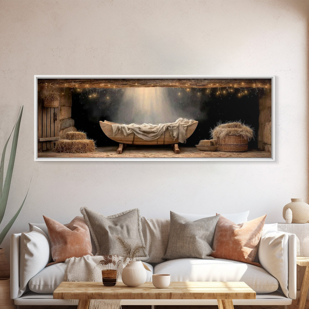 Holy Night Cradle – Framed Canvas Print – Panoramic Painting – Christian Christmas Art – Christian Art Canvas – Christmas Wall Art – Christ