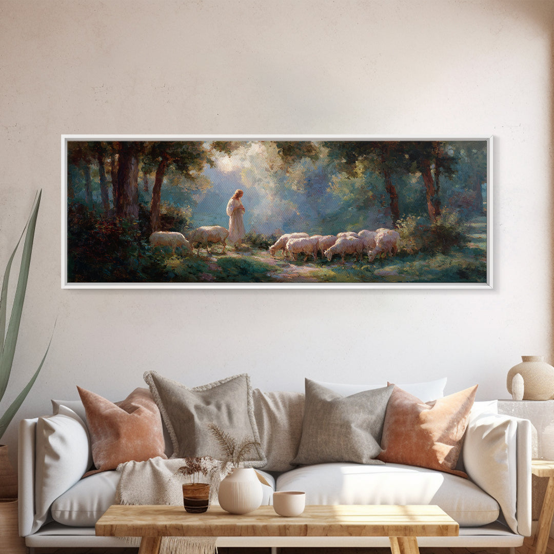 Shepherd’s Peace – Framed Canvas Print – Panoramic Painting – Christian Wall Art – Jesus Painting – Christian Art Canvas – Christian Gift I
