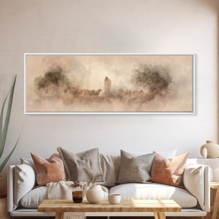 Quiet Pasture Grace | Framed Canvas Print | Panoramic Art | Christian Art | Jesus Art Print | Christian Wall Art | Christian Decor For Home
