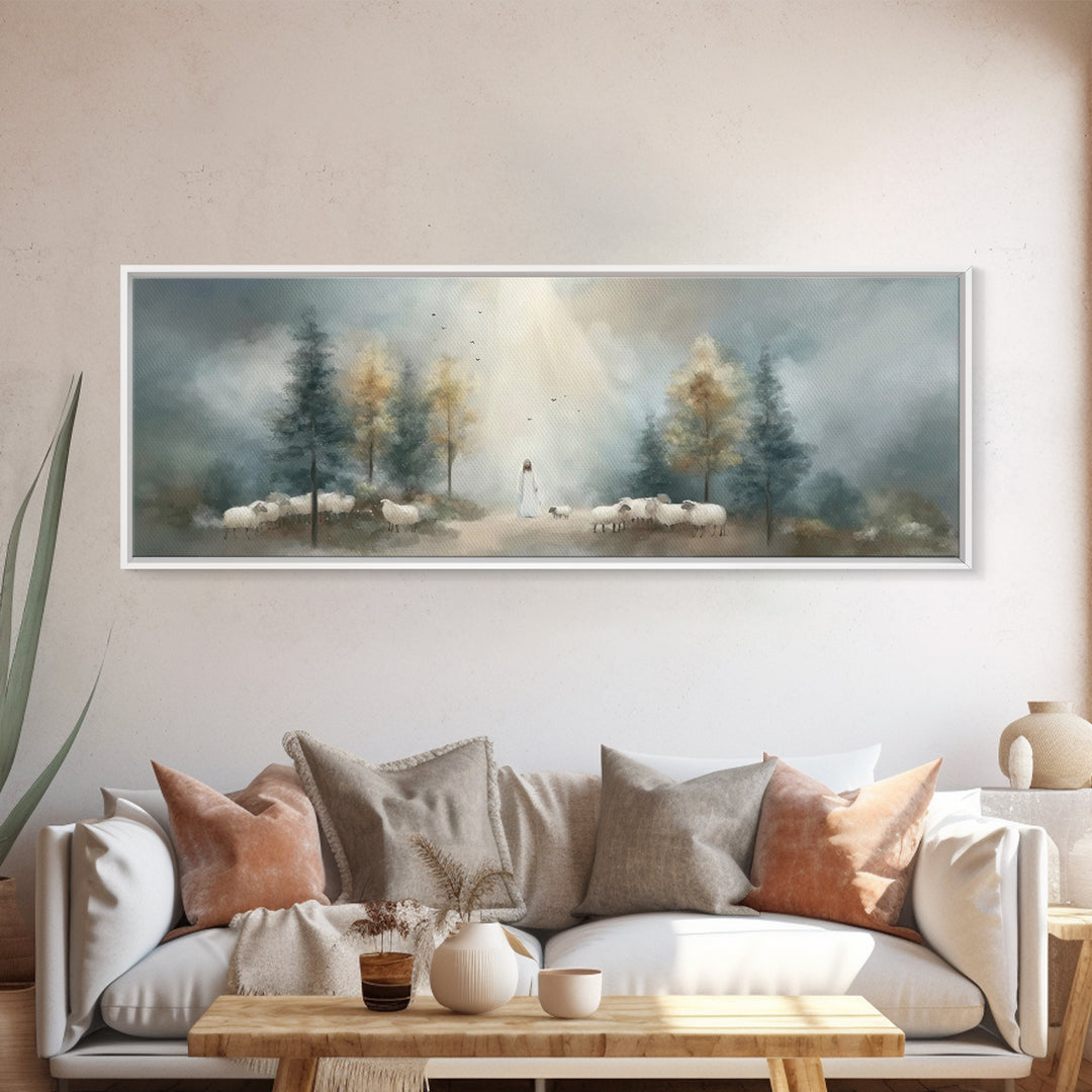 Light Of The Shepherd, Framed Canvas Print, Panoramic Wall Art, Christian Art Canvas, Jesus Painting, Christian Christmas Art, Christian Ar