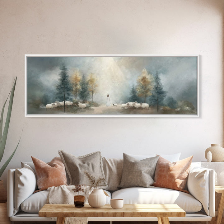 Light Of The Shepherd, Framed Canvas Print, Panoramic Wall Art, Christian Art Canvas, Jesus Painting, Christian Christmas Art, Christian Ar