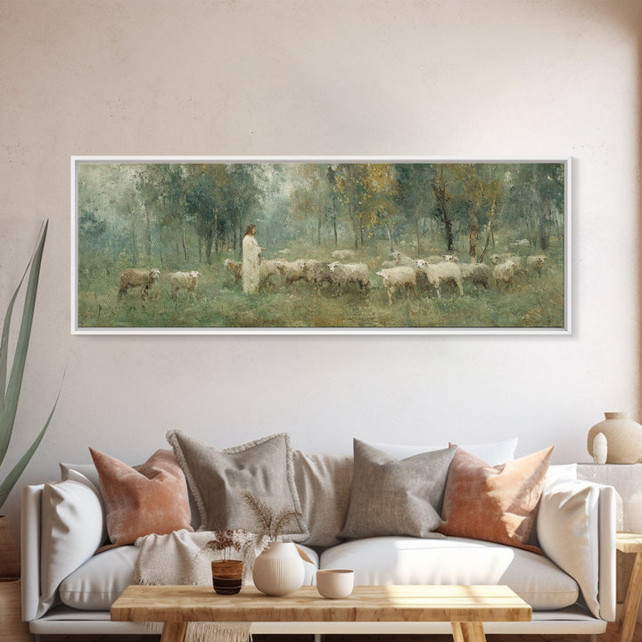 Forest Flock Devotion | Framed Canvas Print | Panoramic Art | Christian Painting | Jesus Canvas Art | Christian Wall Art | Christian Art Gi