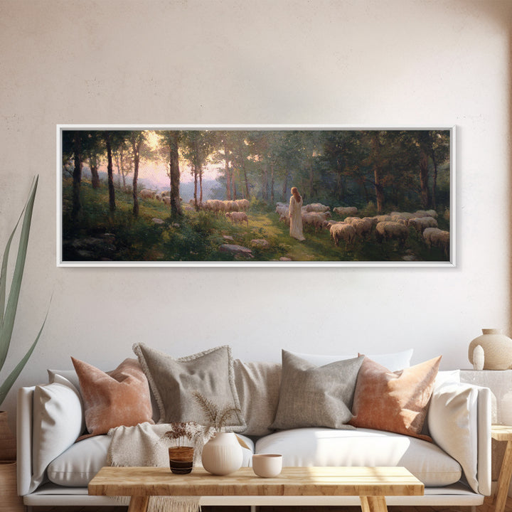 Light Of The Meadow, Framed Canvas Print, Christian Wall Art, Christian Art Canvas, Jesus Painting, Panoramic Painting, Christian Decor