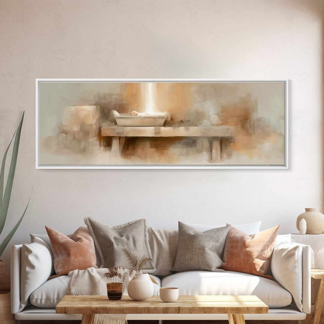 Radiant Birthlight, Framed Canvas Print, Panoramic Frame, Christian Christmas Art, Christian Art Canvas, Christian Wall Art, Subtle Christi