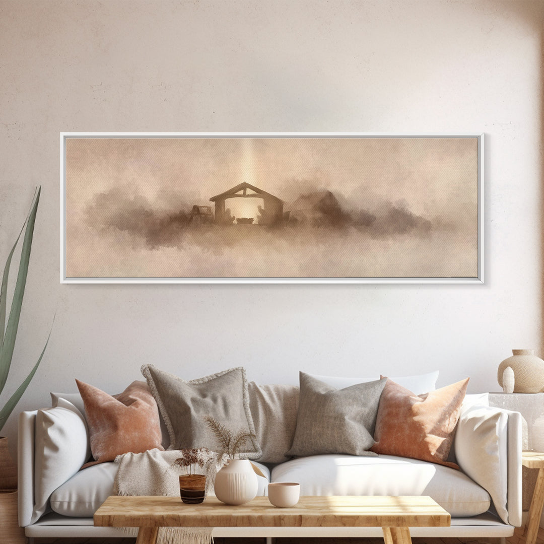 Holy Stable Glow, Framed Canvas Print, Panoramic Wall Art, Christian Art Canvas, Christmas Art, Christian Wall Art, Christian Christmas
