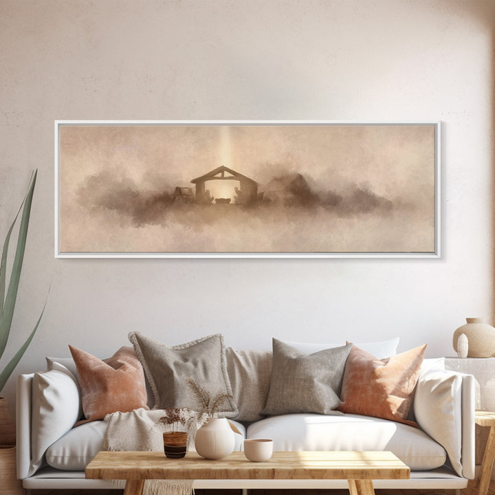 Holy Stable Glow, Framed Canvas Print, Panoramic Wall Art, Christian Art Canvas, Christmas Art, Christian Wall Art, Christian Christmas