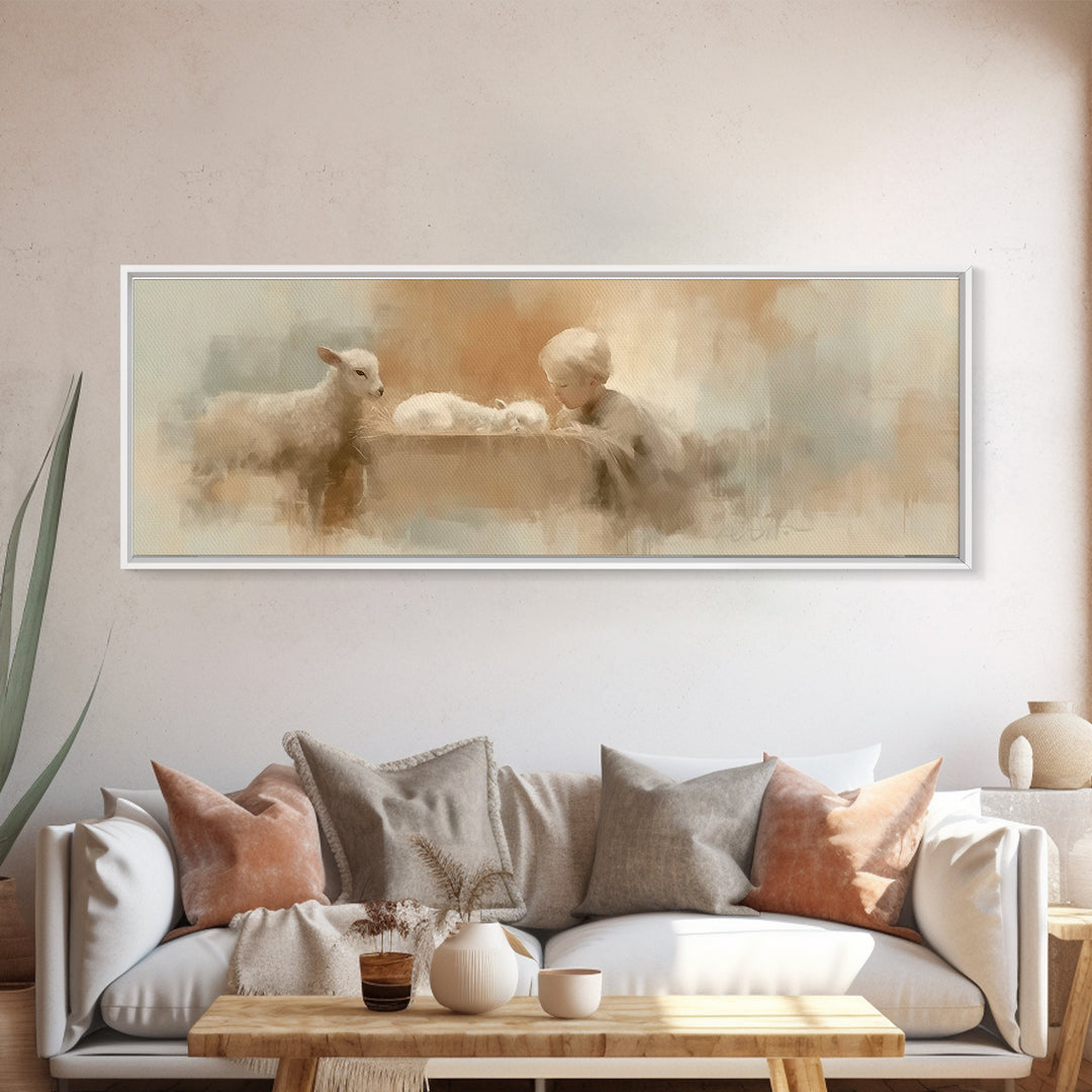 Shepherd’s Quiet Adore | Framed Canvas Print | Panoramic Wall Art | Christian Art Canvas | Christmas Art | Christian Decor | Christian Pain