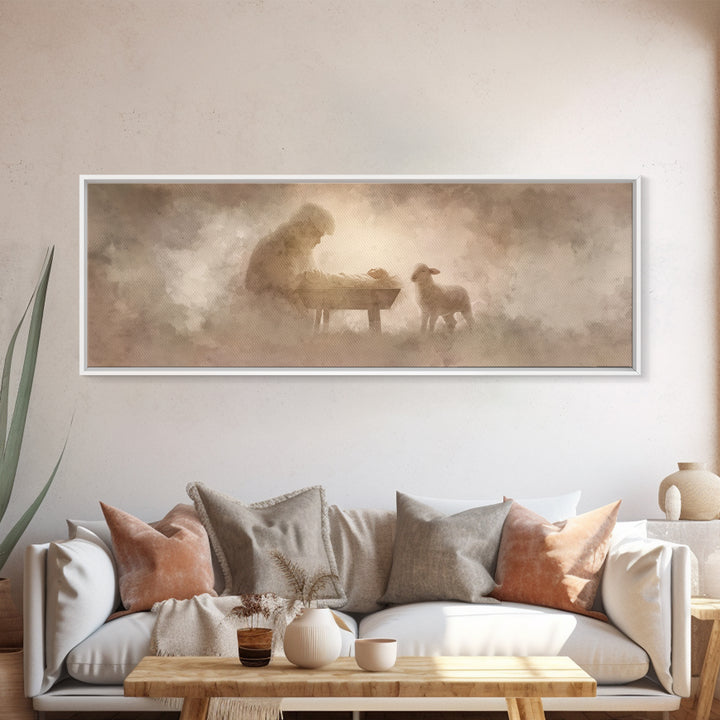 Tender Lamb Joy – Framed Canvas Print – Panoramic Print – Christian Art Canvas – Christian Wall Art – Christmas Art – Christian Christmas A