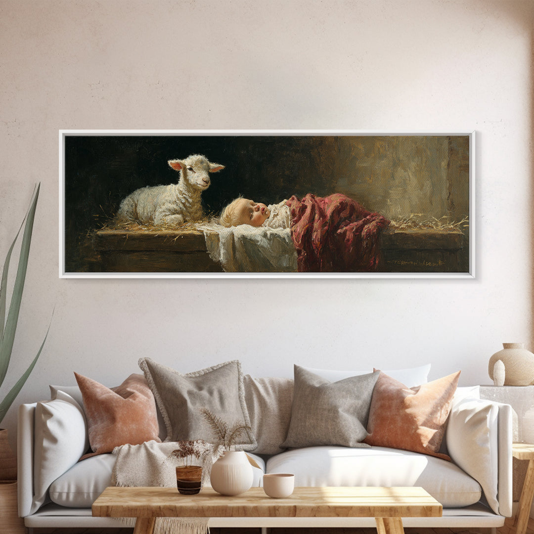Holy Manger Light – Framed Canvas Print – Christian Wall Art – Jesus Painting – Panoramic Art – Christian Christmas Art
