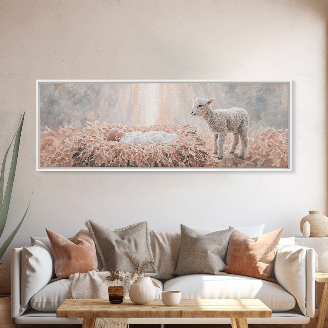Gentle Nativity Peace, Framed Canvas Print, Christian Christmas Art, Panoramic Wall Art, Christian Wall Art, Jesus Painting