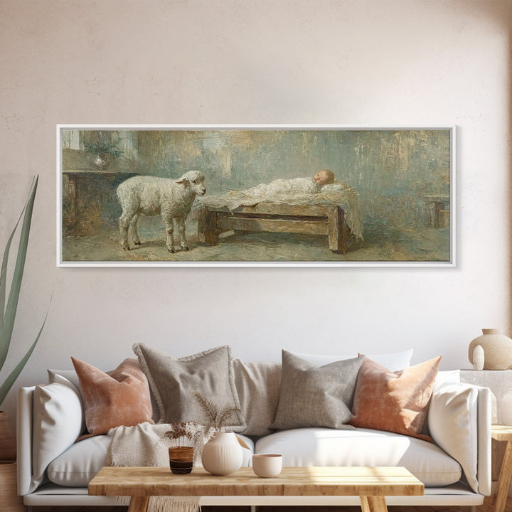Lamb Of Promise, Framed Canvas Print, Christmas Wall Art, Panoramic Art, Christian Art Canvas, Christian Christmas Art