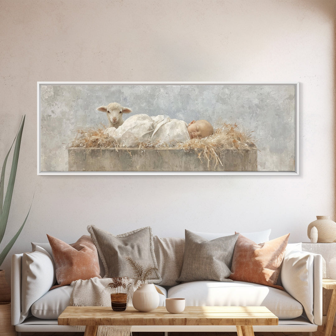 Infant Grace | Framed Canvas Print | Christian Wall Art | Panoramic Frame | Christian Art Canvas | Christmas Art