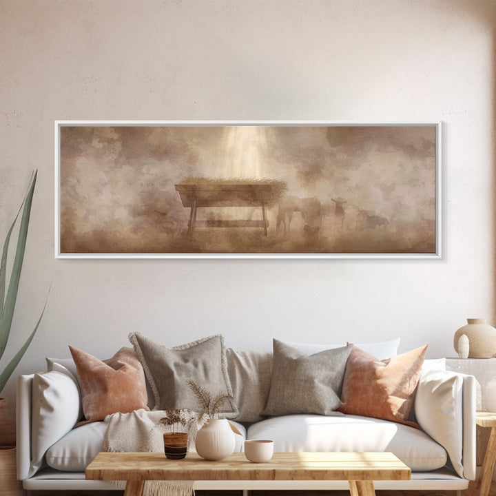 Shepherds At Peace, Framed Canvas Print, Panoramic Painting, Christian Art Canvas, Christian Wall Art, Christmas Art, Subtle Christian Art