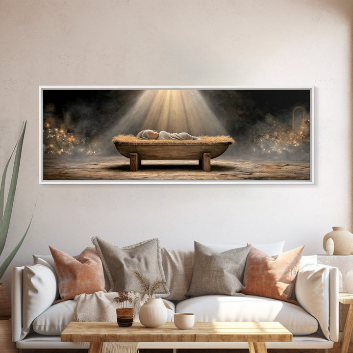Holy Nativity Light, Framed Canvas Print, Panoramic Painting, Christmas Art, Christian Christmas Art, Jesus Christmas Art, Framed Christmas