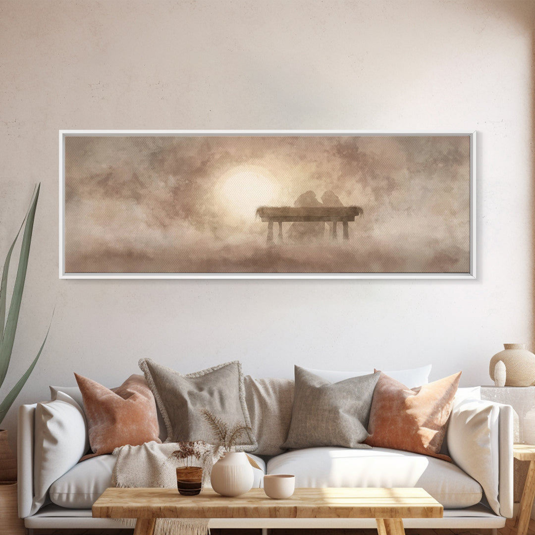 Manger In The Mist | Framed Canvas Print | Panoramic Wall Art | Christian Christmas Art | Christmas Canvas Wall Art | Christian Art Canvas