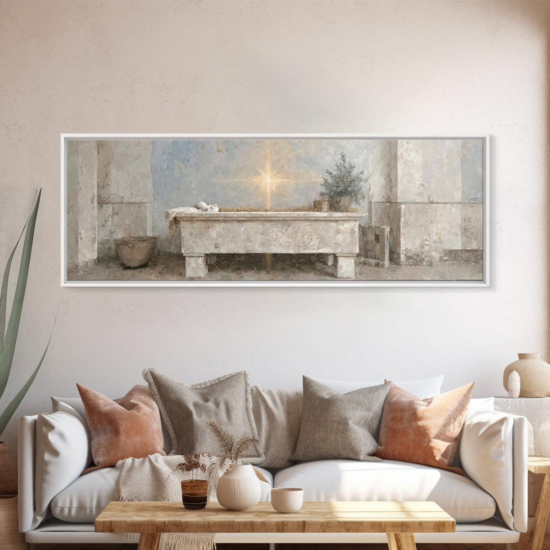 Guiding Manger Light – Framed Canvas Print – Christian Wall Art – Christmas Art – Christian Art Canvas – Panoramic Art – Jesus Painting – C