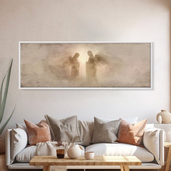 Angels In Stillness, Framed Canvas Print, Christian Wall Art, Christian Art, Panoramic Wall Art, Christian Christmas, Jesus Painting, Chris