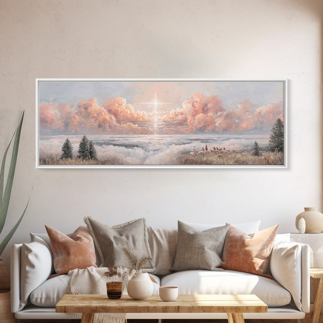 Shepherds Of Light - Framed Canvas Print - Christian Art Canvas - Panoramic Wall Art - Christmas Art - Jesus Painting - Christian Wall Art