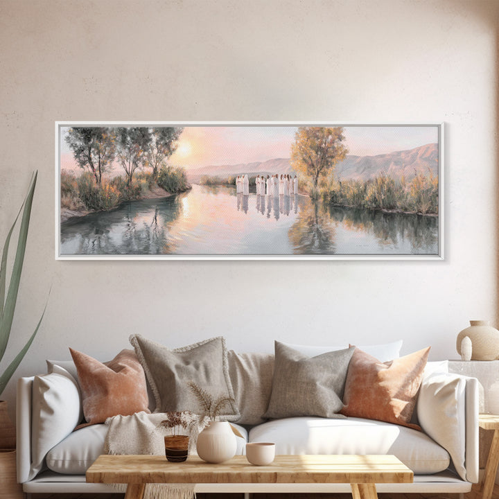 River Dawn Communion, Framed Canvas Print, Christian Wall Art, Christian Art Canvas, Jesus Painting, Panoramic Art