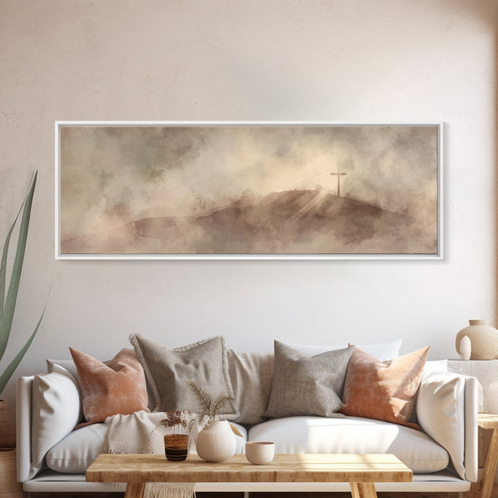 Hilltop Cross Light – Framed Canvas Print – Christian Wall Art – Christian Art Canvas – Panoramic Wall Art – Christian Decor