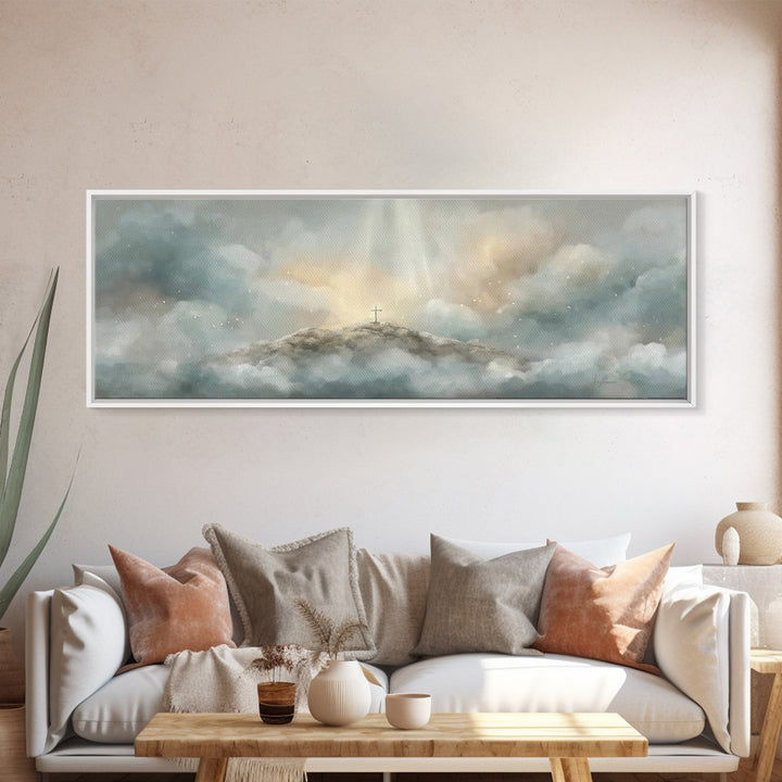Heavenly Summit Glow | Framed Canvas Print | Christian Wall Art | Christian Art Canvas | Panoramic Painting | Christian Gift Ideas