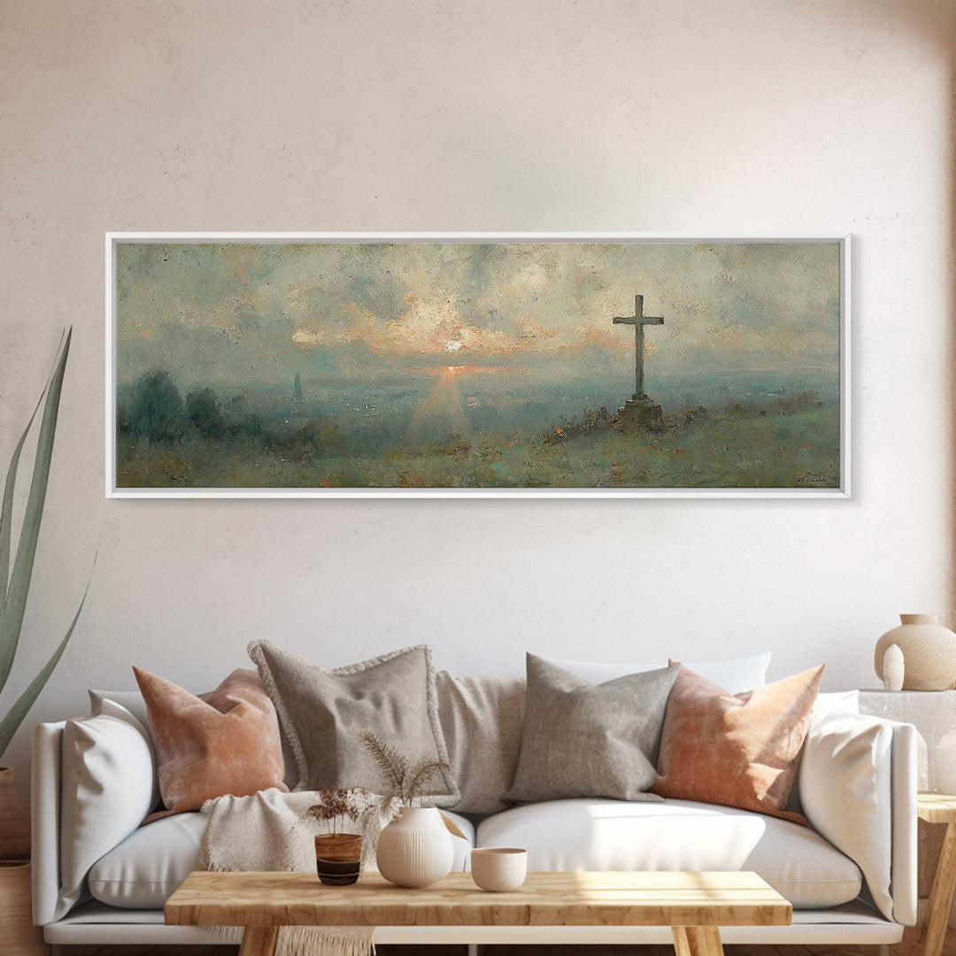 Sunset Cross Vista, Framed Canvas Print, Christian Wall Art, Christian Art Canvas, Panoramic Frame, Christian Decor