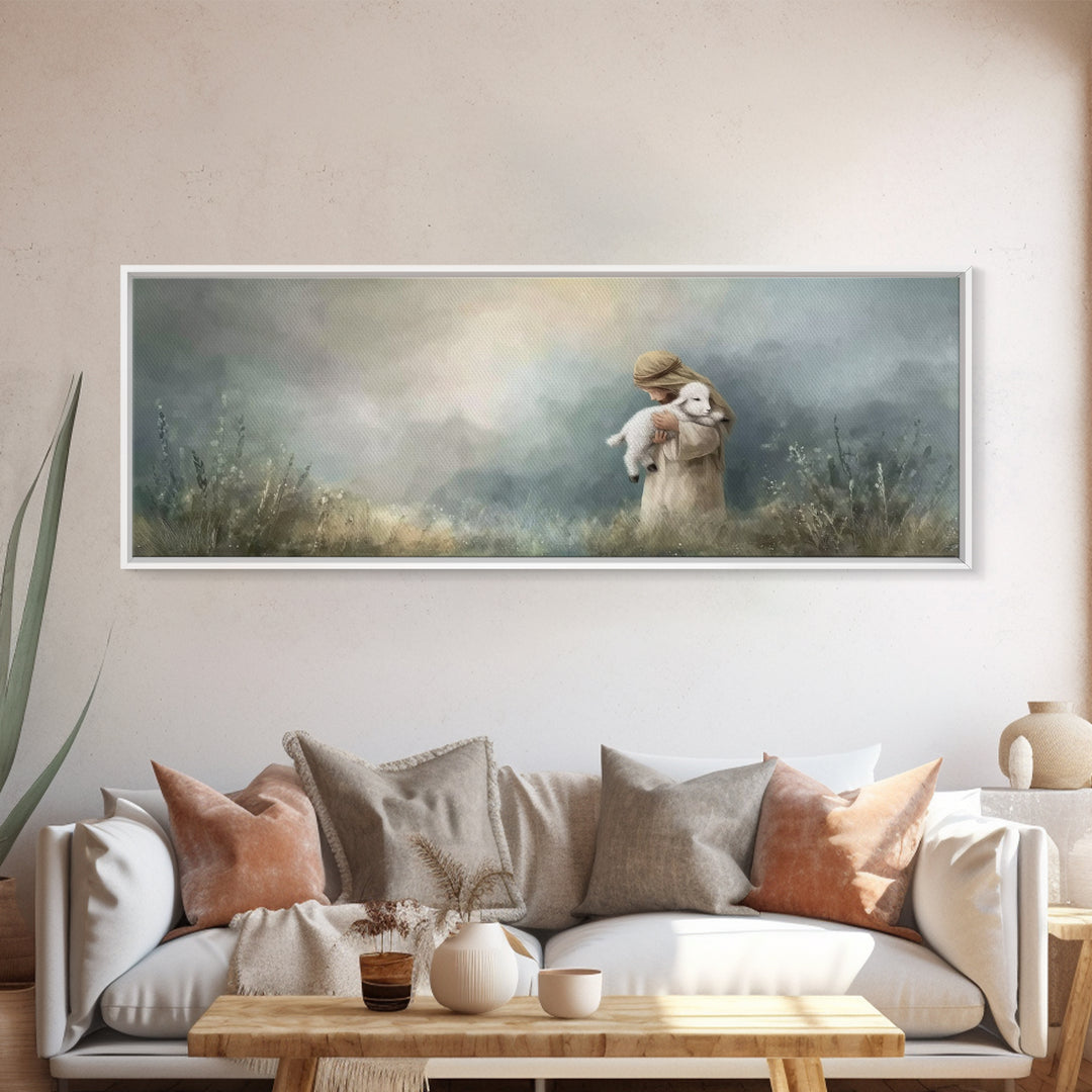 Tender Shepherd Embrace – Framed Canvas Print – Christian Wall Art – Christian Art Canvas – Jesus Painting – Panoramic Art – Christmas Art