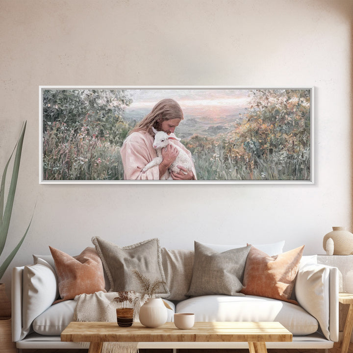 Gentle Pasture Peace, Framed Canvas Print, Christian Christmas Art, Christian Art Canvas, Jesus Painting, Panoramic Wall Art, Christian Dec