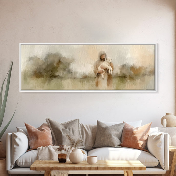 Warm Meadow Mercy | Framed Canvas Print | Christian Wall Art | Jesus Painting | Christian Art Canvas | Panoramic Painting | Christmas Art