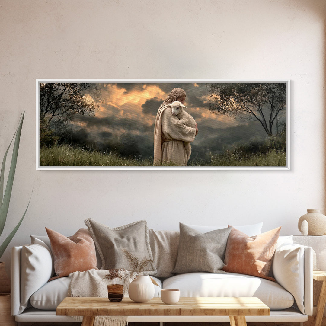 Sacred Dawn Light, Framed Canvas Print, Christian Art Canvas, Christian Christmas Art, Panoramic Wall Art, Jesus Painting, Christian Decor