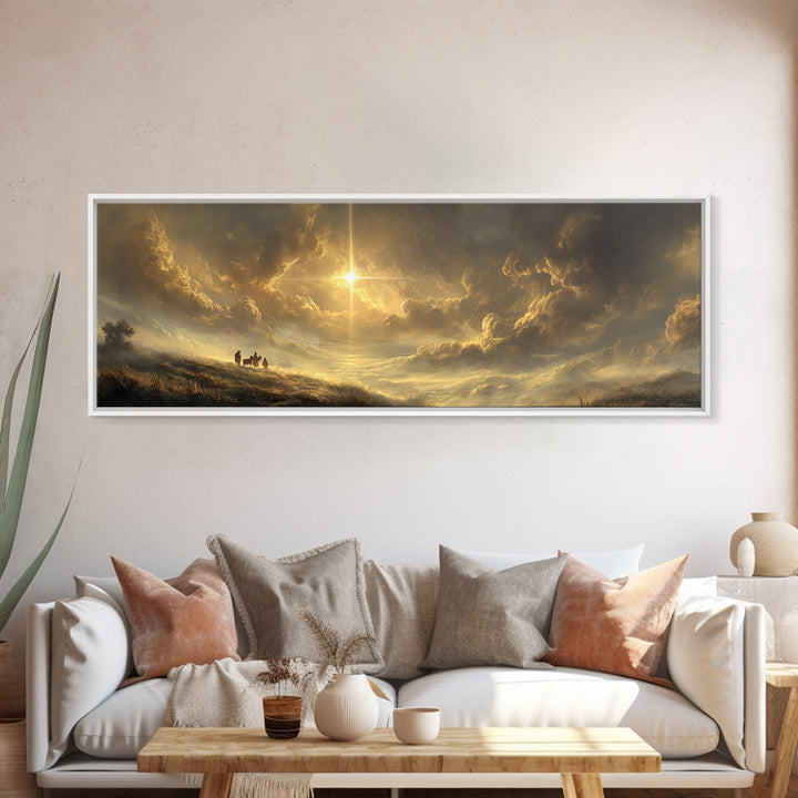 Golden Promise Sky | Framed Canvas Print | Christian Wall Art | Panoramic Wall Art | Jesus Painting | Christian Art Canvas | Christmas Art