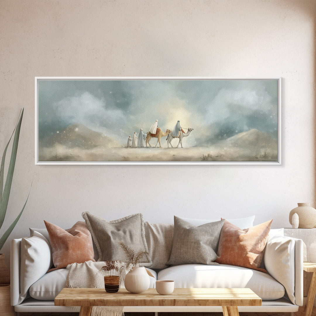 Desert Pilgrimage Light, Framed Canvas Print, Christian Wall Art, Christian Art Canvas, Panoramic Art, Christmas Art, Christian Christmas A