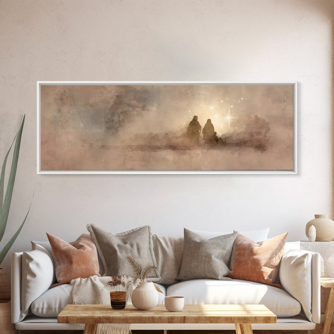 Holy Family Dawn, Framed Canvas Print, Christian Art Print, Panoramic Print, Christian Christmas Art, Christian Wall Art, Modern Christian