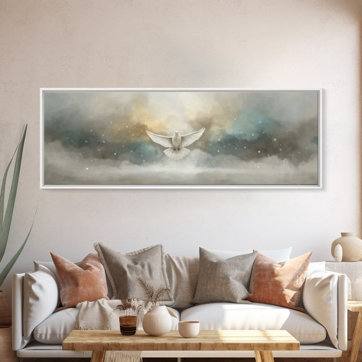 Dove Of Serenity – Framed Canvas Print – Christian Art Canvas – Panoramic Frame – Christian Wall Art – Christmas Art – Christian Art Gift