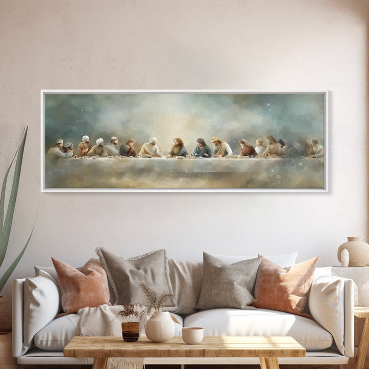 Last Table Serenity, Framed Canvas Print, Christian Art Print, Jesus Canvas Art, Panoramic Painting, Modern Christian Art