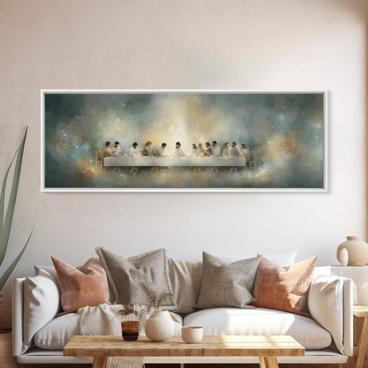Quiet Supper Gathering | Framed Canvas Print | Christian Art Canvas | Large Jesus Painting | Panoramic Print | Christian Decor