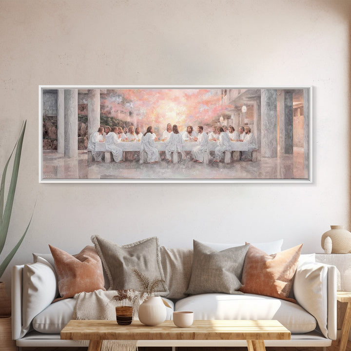 Sacred Supper Reflection, Framed Canvas Print, Christian Wall Art, Jesus Painting, Panoramic Painting, Christian Art Canvas