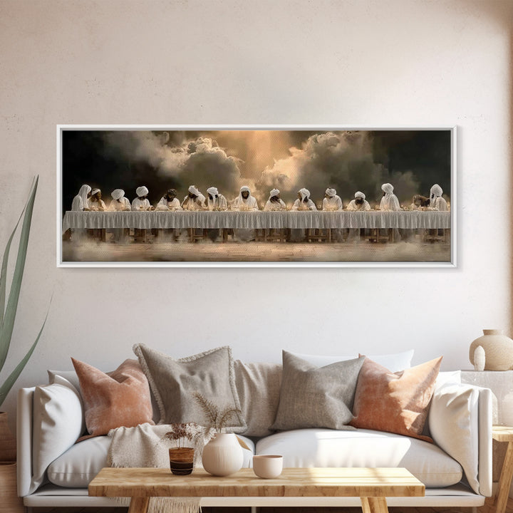 Blessed Gathering | Framed Canvas Print | Christian Wall Art | Panoramic Wall Art | Jesus Painting | Christmas Art | Christian Canvas