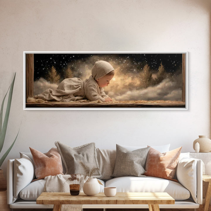 Radiant Nativity – Framed Canvas Print – Christian Christmas Art – Panoramic Frame – Christian Wall Art – Jesus Painting – Christmas Canvas