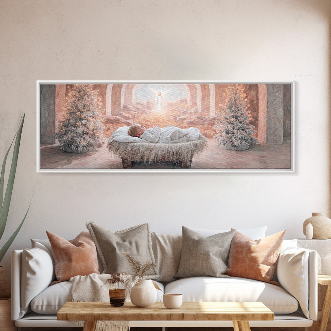 Manger Dawn Peace | Framed Canvas Print | Christian Art Canvas | Panoramic Art | Christian Christmas Art | Jesus Painting | Christian Decor