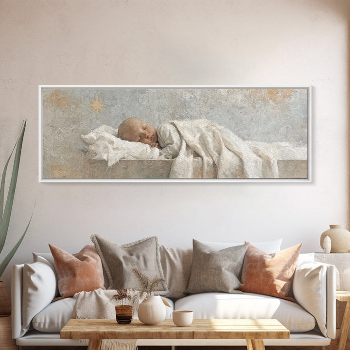 Gentle Holy Night, Framed Canvas Print, Christian Christmas Art, Panoramic Print, Christian Art Canvas, Jesus Painting, Christmas Decor