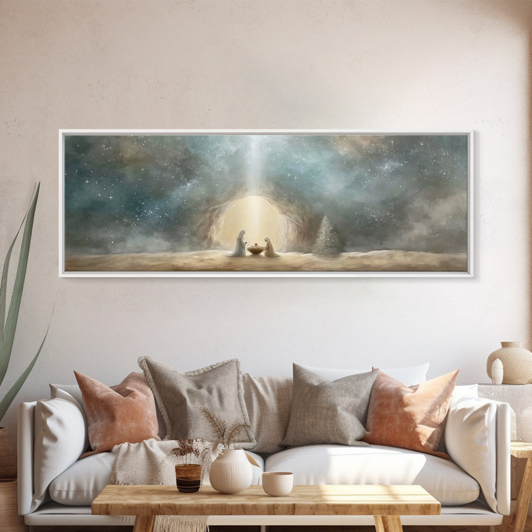 Starlit Holy Night – Framed Canvas Print – Christian Wall Art – Panoramic Art – Christian Art Canvas – Christmas Art – Jesus Christmas Art