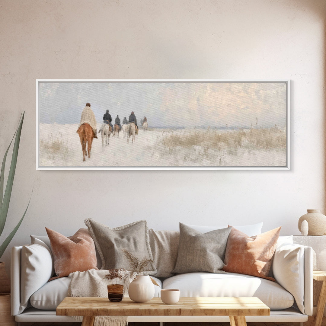 Quiet Winter Pilgrims – Framed Canvas Print – Christian Christmas Art – Panoramic Art – Christian Wall Art – Christian Art Canvas – Christm